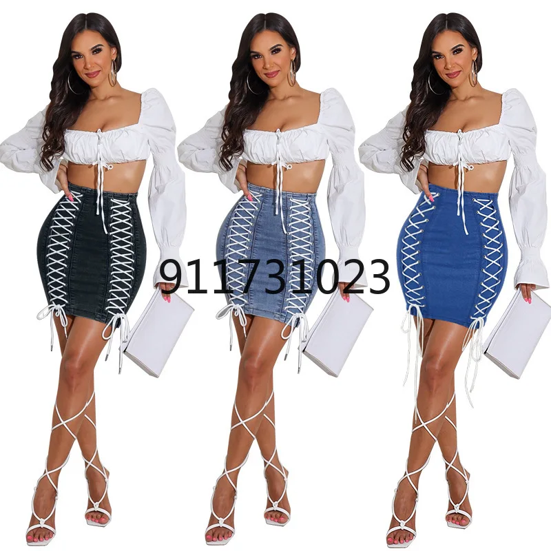 2021 New Women Denim Short Skirt High Waist Zipper-up Bandage Y2k Harajuku Sexy Bodycon Jean Party Nightclub Outfits | Женские юбки