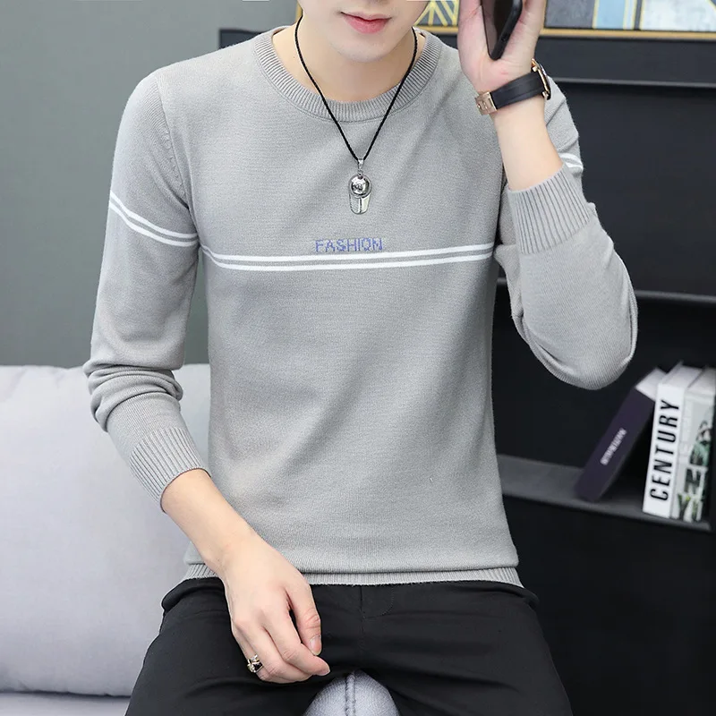 

2021 Men's Autumn All-match Slim-Fit Pullover Knitting Shirt Striped Casual Thin Sweater for Teenagers