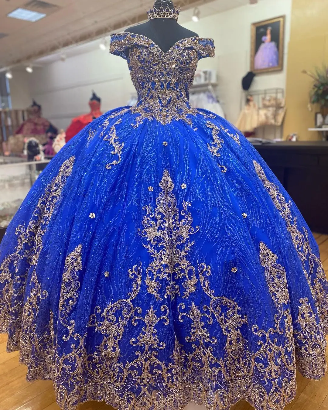 

Royal Blue Gold vestidos de 15 años 2021 Puffy Quinceanera Dress Red Sweet 16 Dresses Off-the-Shoulder Long Prom Gown Sequin