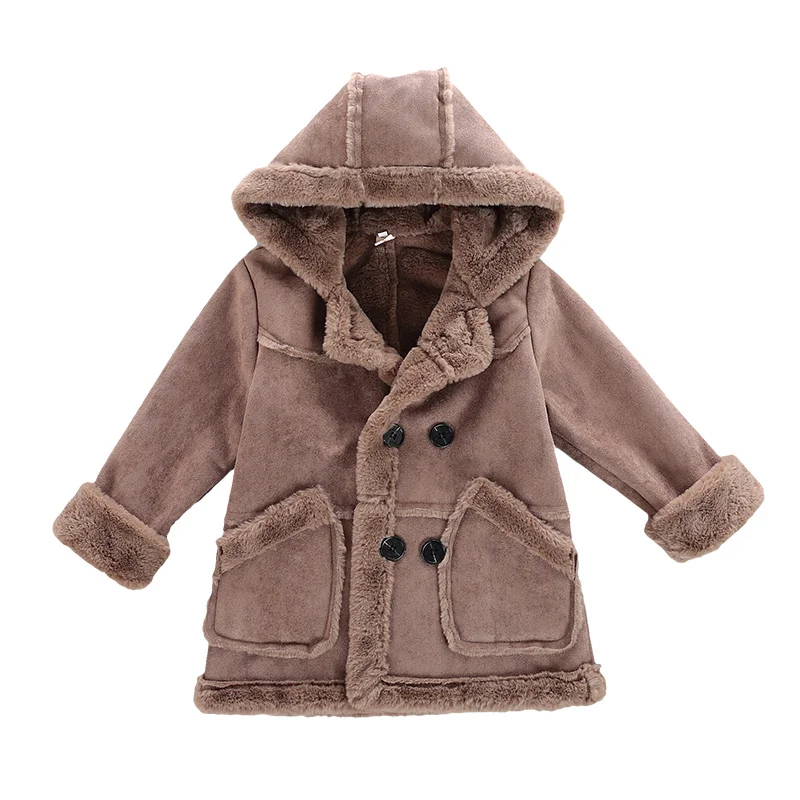 

Kids 2-10 years little young boys girls winter chamois leather warm thick fur dust coat casual hooded jacket outerwear overcoat