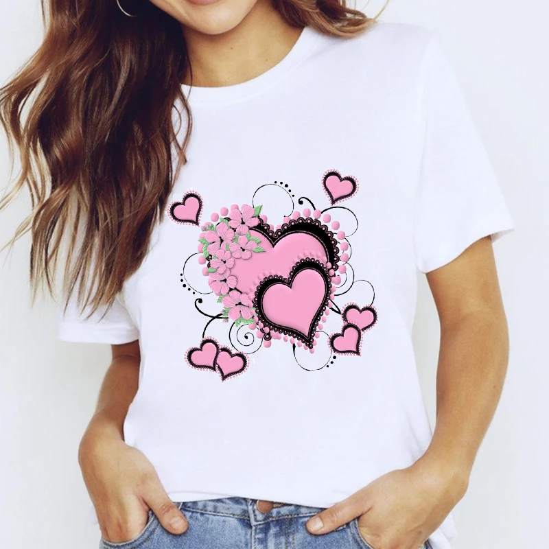 

T-shirts Top for Women Love Floral Pink Trend Heart Short Sleeve Clothing Print Lady Graphic T Shirt Ladies Female Tee T-Shirt