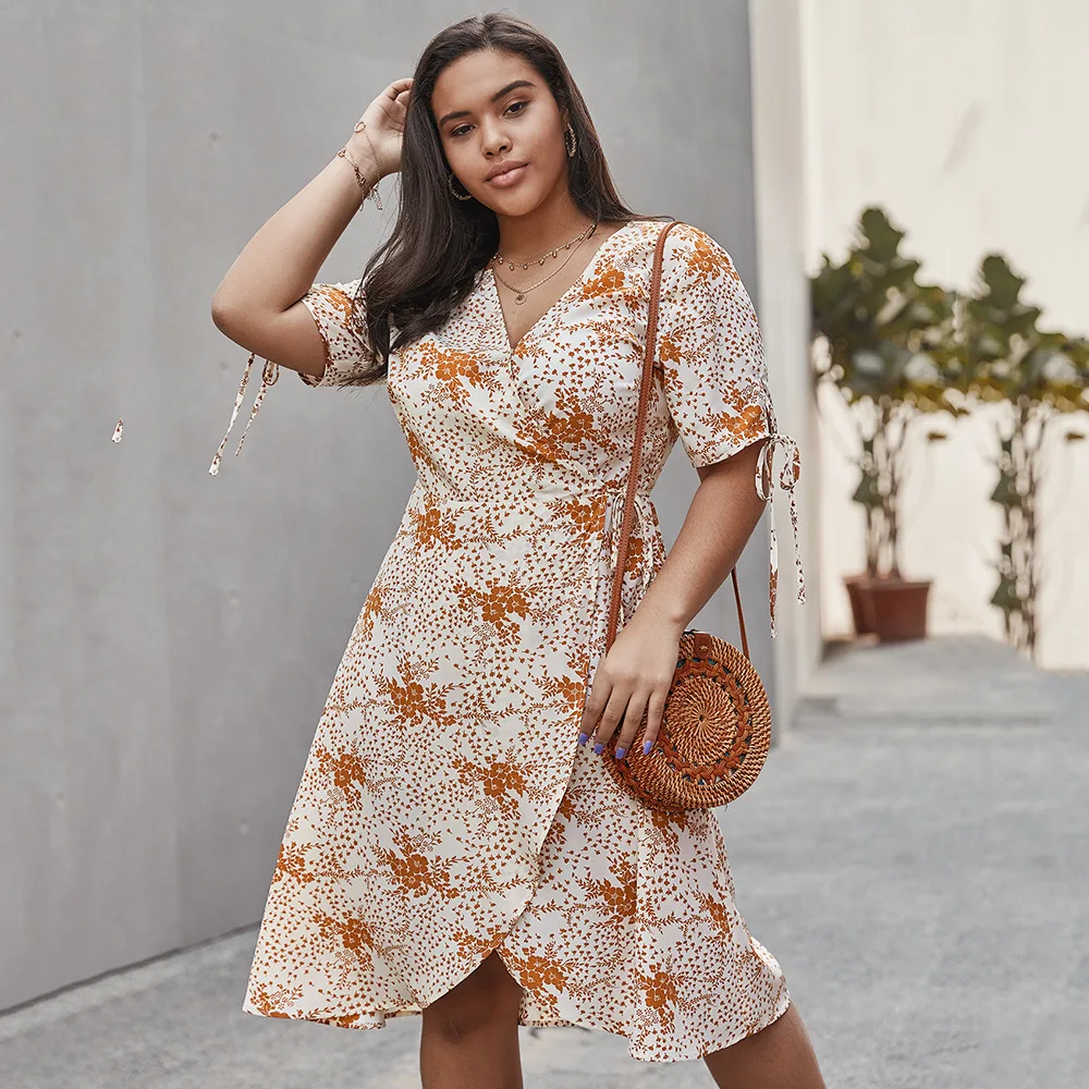 

V Neck Short Sleeves Women Dress Plus Size Floral Print Split Summer Casual Dresses