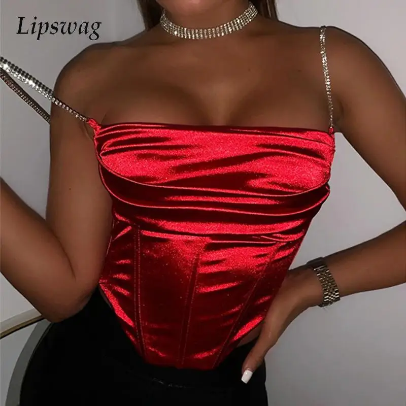

Women Sexy Nightclub Camisole Fashion Chic Rhinestone Folds Exposed Chest Short Tops Summer New Elegant Sling Solid Vest Mujers