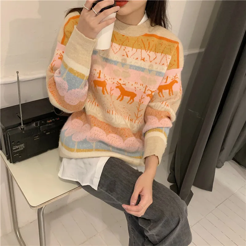 

Printed O-Neck Pullover Women Korean Long-sleeved Loose Autumn Winter Sweater Knitted College Style Slim Warm Women's Sweaters