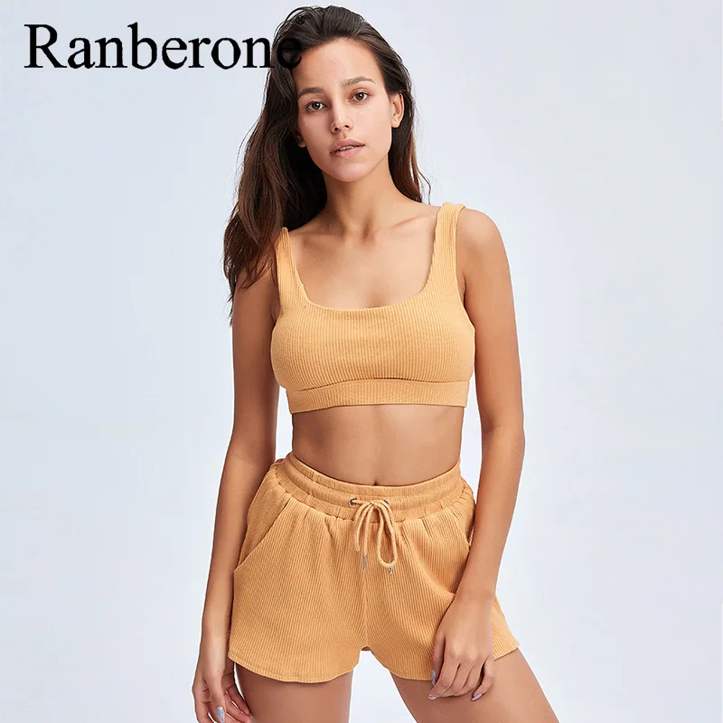 Ranberone 2 Pcs Sports Suits Sexy Summer Yoga Set Women Running Bra + Shorts Solid Color Fitness Clothing Sportswear 2021
