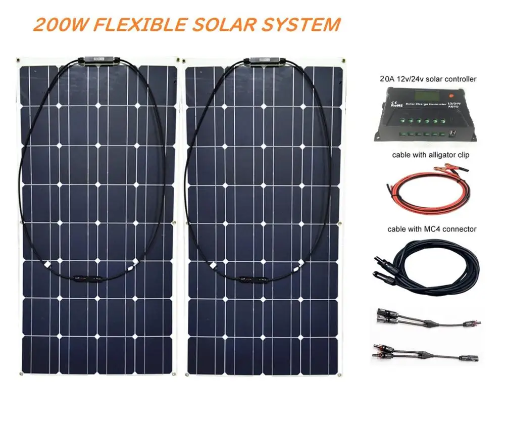 RG 200W Солнечная энергия Системы 12V 24v контроллер+ 20A подойдет как для повседневной носки, так гибкие солнечные панели-батареи для нагрева воды в бассейнах на рыбацкая лодка кабина для кемпинга