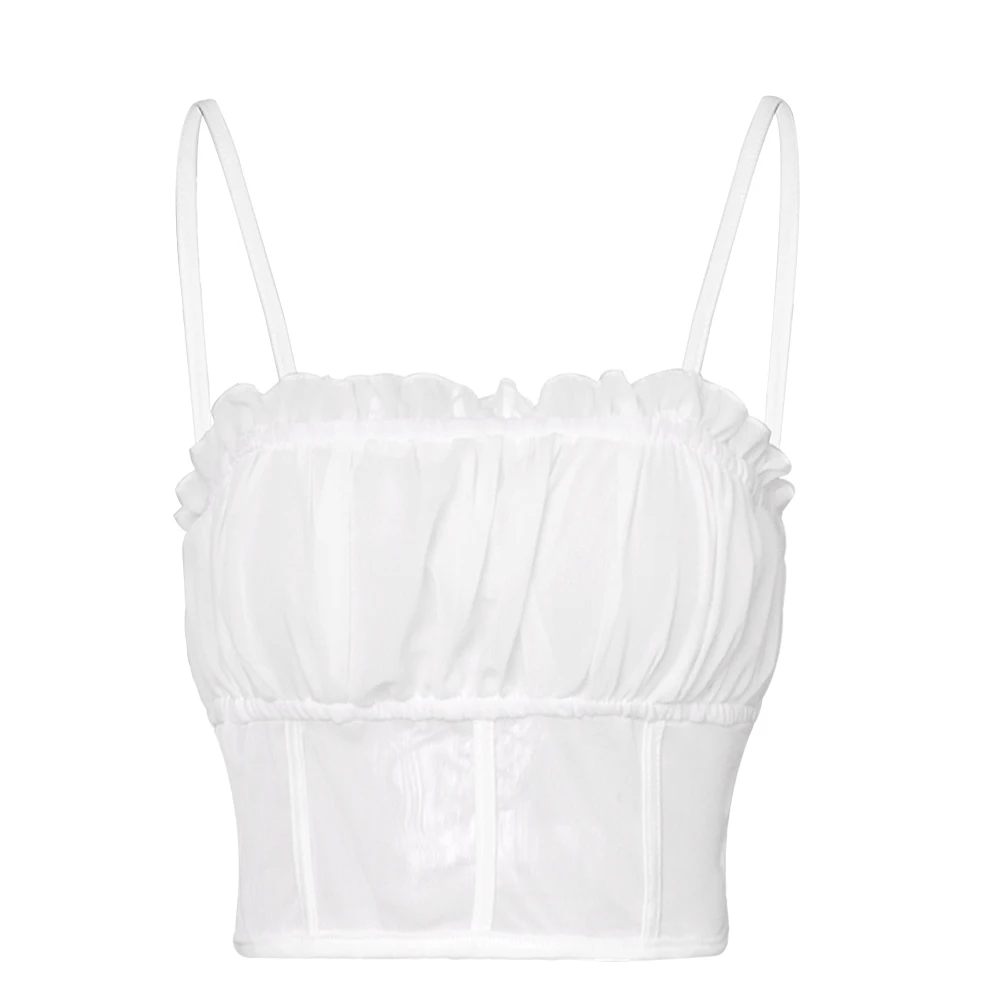

Summer Sexy Party Chiffon Ruffles Gauze Perspective Camisole White Tank Top Black Corset Top Vintage Women's Clothing Tube Top