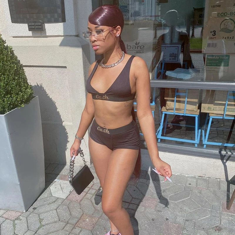 

UVRCOS Elegant Bodycon Tracksuit Women Summer 2021 Fashion Sport Sexy Letter Printed Solid Color Vest And Shorts Two Piece Set