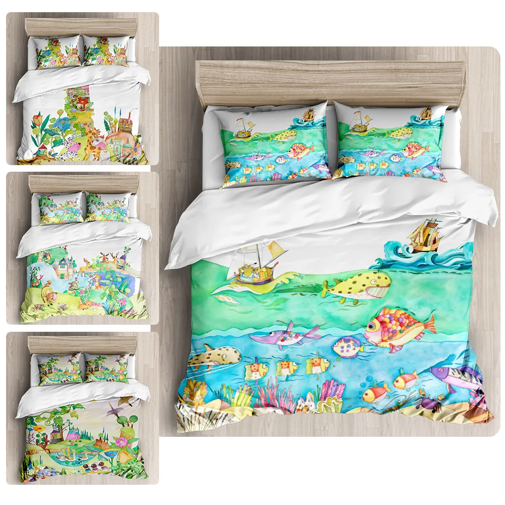

Kindergarten watercolor cartoon series bedding set quilt cover pillow case home textile bedding children's gift extra large bedd