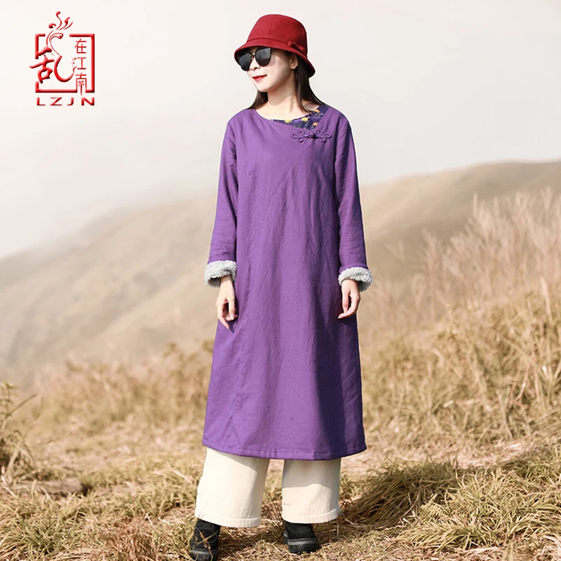 LZJN женское винтажное зимнее платье в китайском стиле с пуговицами бабочками и