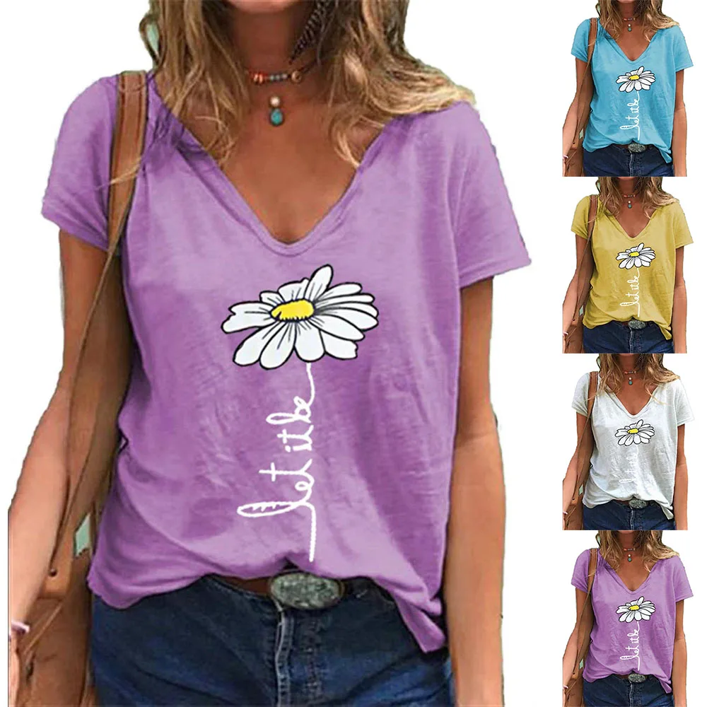

Basic Harajuku Tshirt Loose Fashion Floral Chrysanthemum Pattern Printed Tees Summer Short Sleeve V-neck Tops Women T-shirts