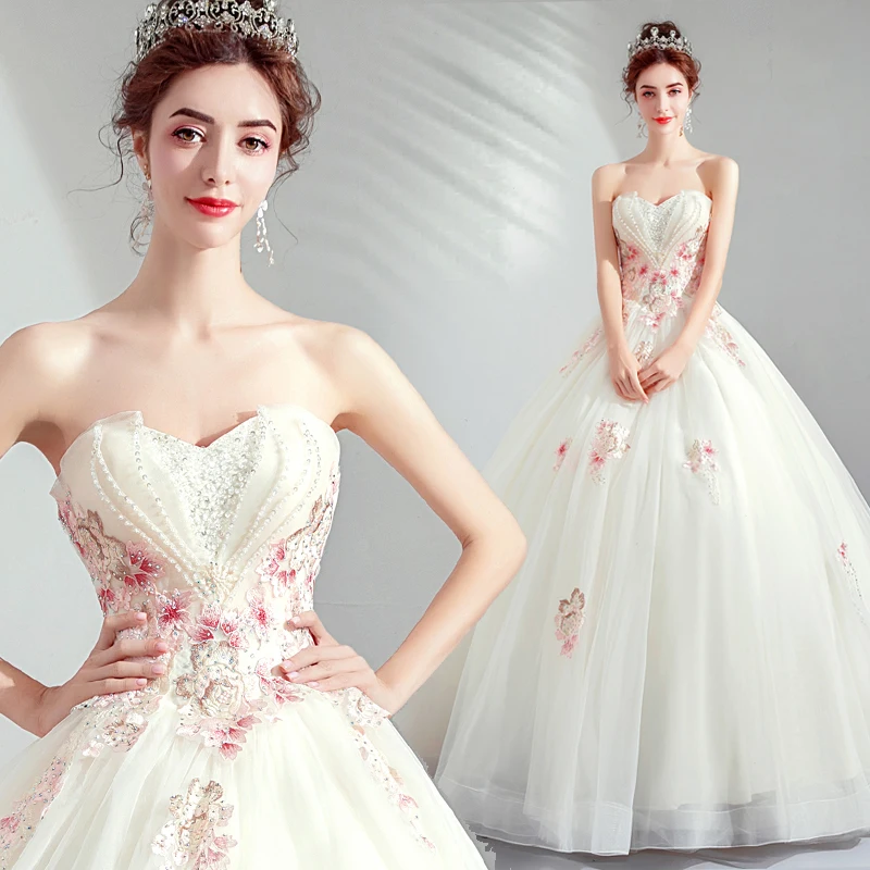 

Wedding Dress Pink Embroidered Organza and Tulle Strapless Lace Up Floor-Length Ball Gown Bridal Dresses Vestido De Noiva