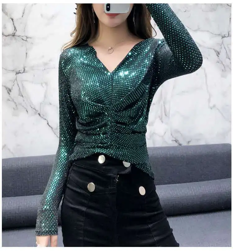 Корейская Осенняя Блестящая футболка с V-образным вырезом и бусинами женская