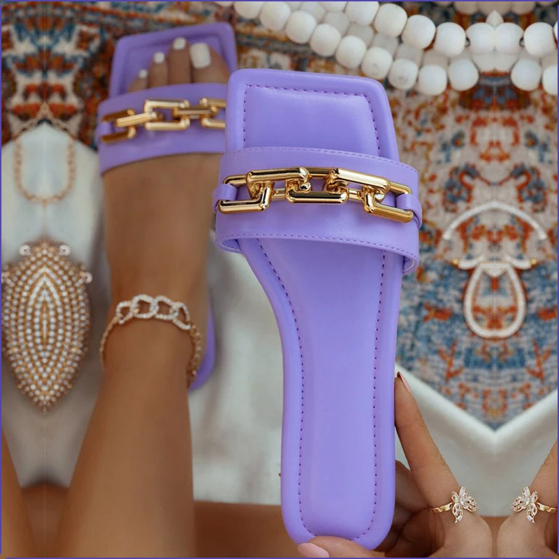 

Womens Slippers 2021 Summer Transparent Chain Luxury Square Head Flat Heel Female plus size outdoor beach comfortable Sandals