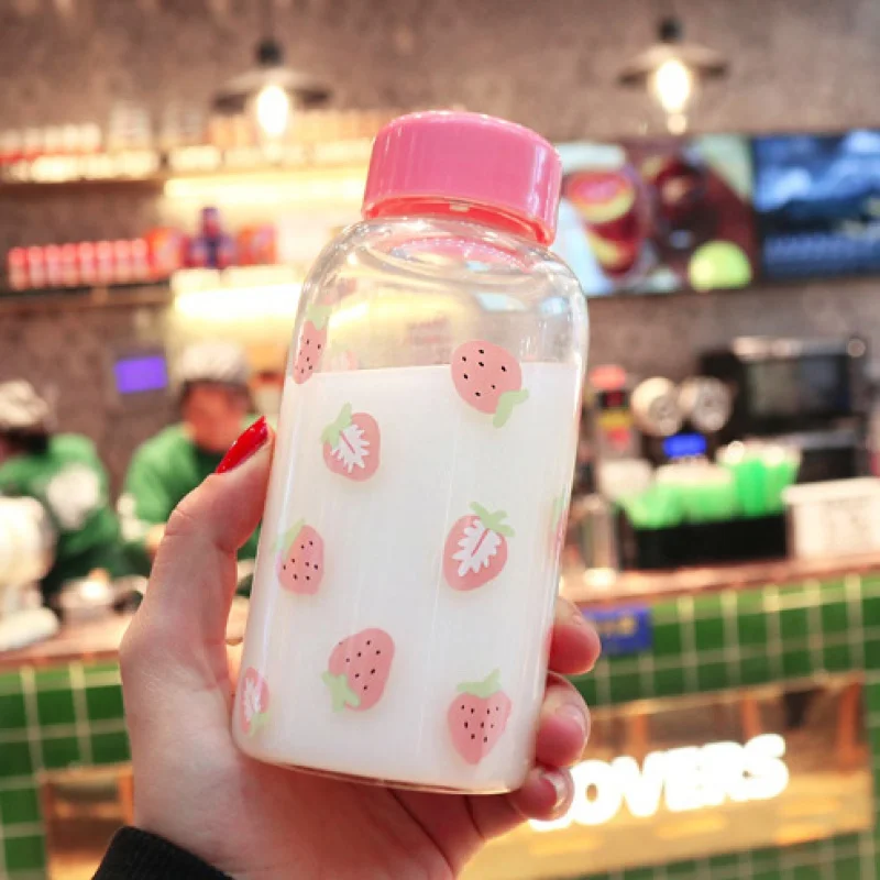 Милая Клубничная бутылка для воды мультяшная прозрачная стеклянная чашка с