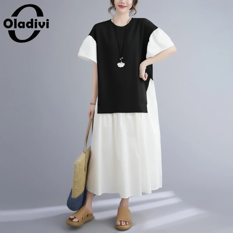 

Oladivi Oversized Women Casual Loose Patchwork Dress 2021 Summer New Cotton Long Dresses Vintage Lady Tunics Robe Vestidios 5098