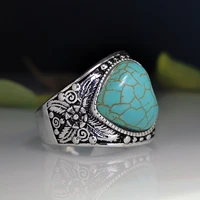 turquoise ring for women jewelry vintage ethnic style silver plated ring creative heart shaped rose flower leaf accessories