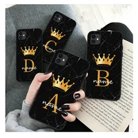 initial letter name a z crown diy phone case for iphone 11 12 13 pro x xr xs max 8 7 plus se 20 marble texture soft tpu cover