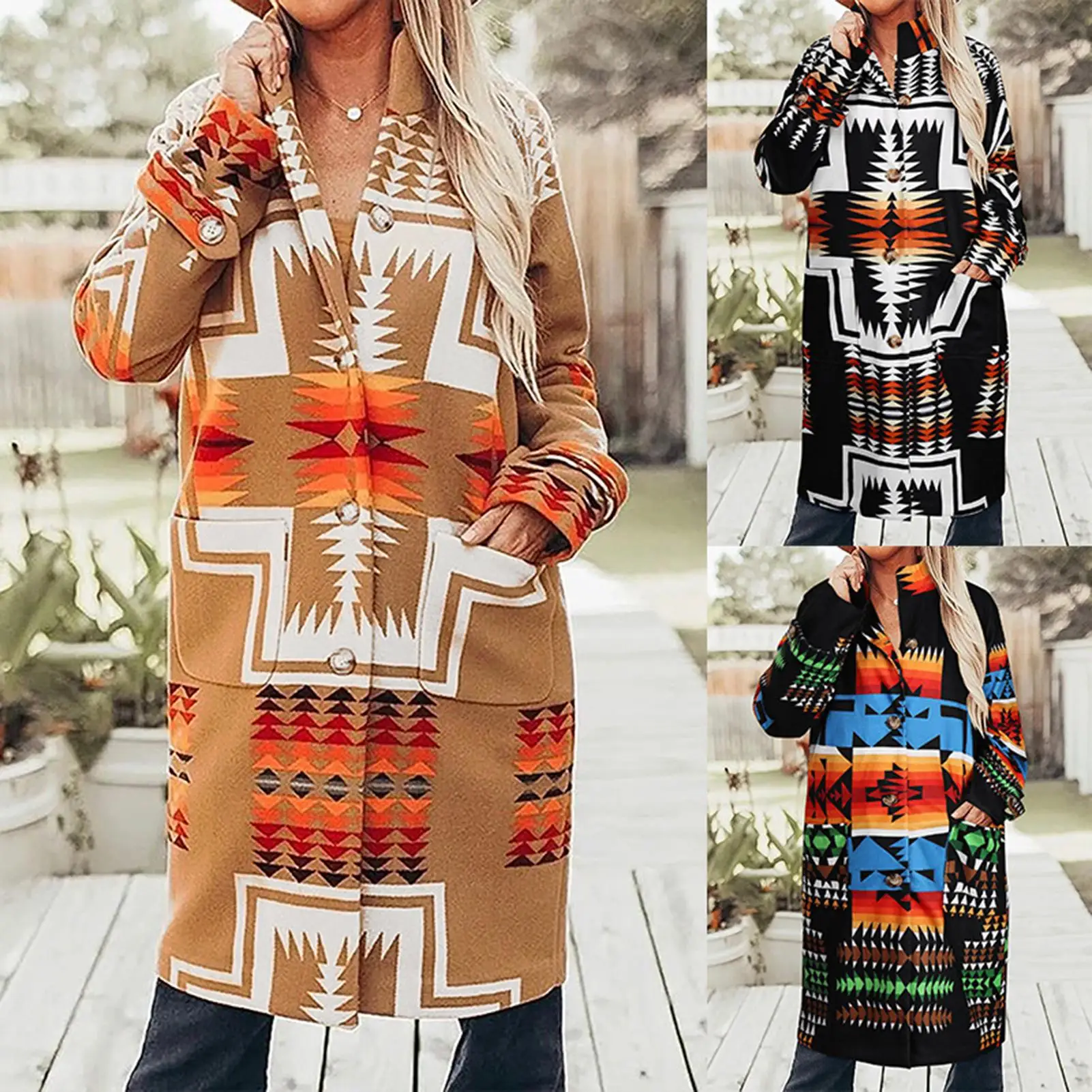 

Women Winter Warm Long Sleeve Color Block Retro Floral Print Coat Outerwear