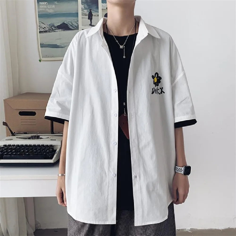 

Men's shirts New spring summer cotton student short-sleeved shirt youth Hong Kong style personalized print loose all-match shirt
