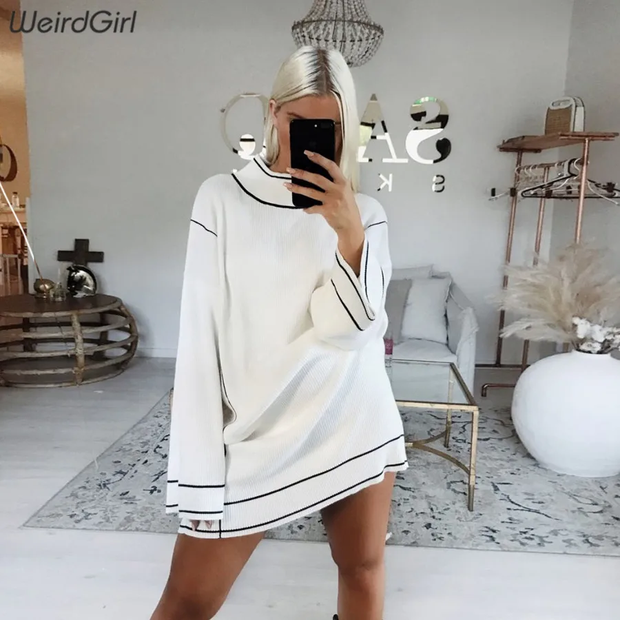 Weirdgirl Женские полосатые Элегантное платье длинный рукав с высоким, плотно облегающим шею воротником с поясом и свободные Мини повседневные платья уличная мода, вечеринки Новинка осени vestideos