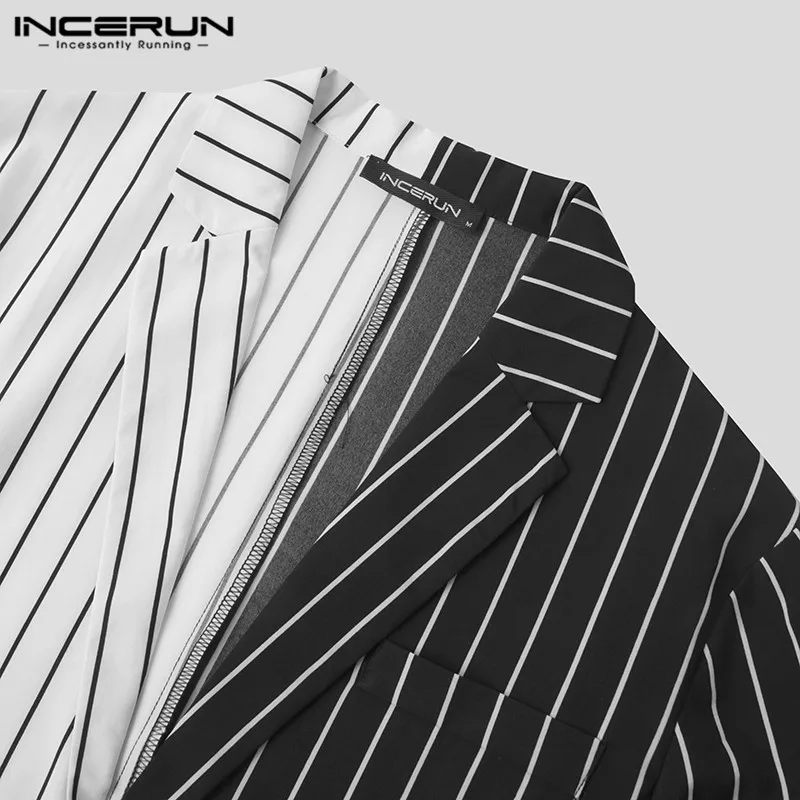 

Fashion Men Blazer Striped Patchwork Streetwear Long Sleeve Lapel Korean Mens Casual Suit With Belt Coats Fitness S-5XL INCERUN