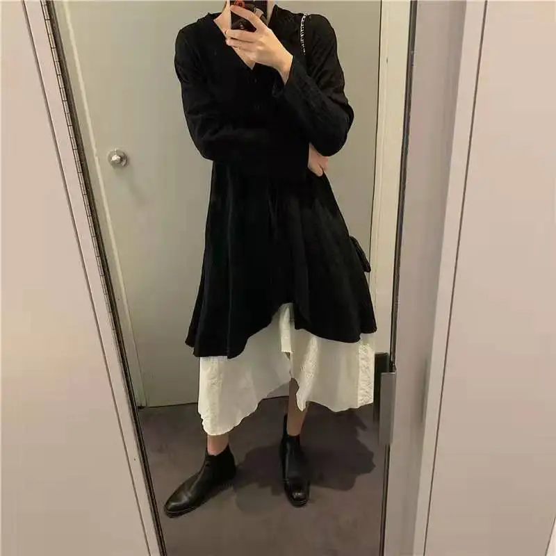 Женское длинное платье трапециевидной формы черное платье-двойка с длинными