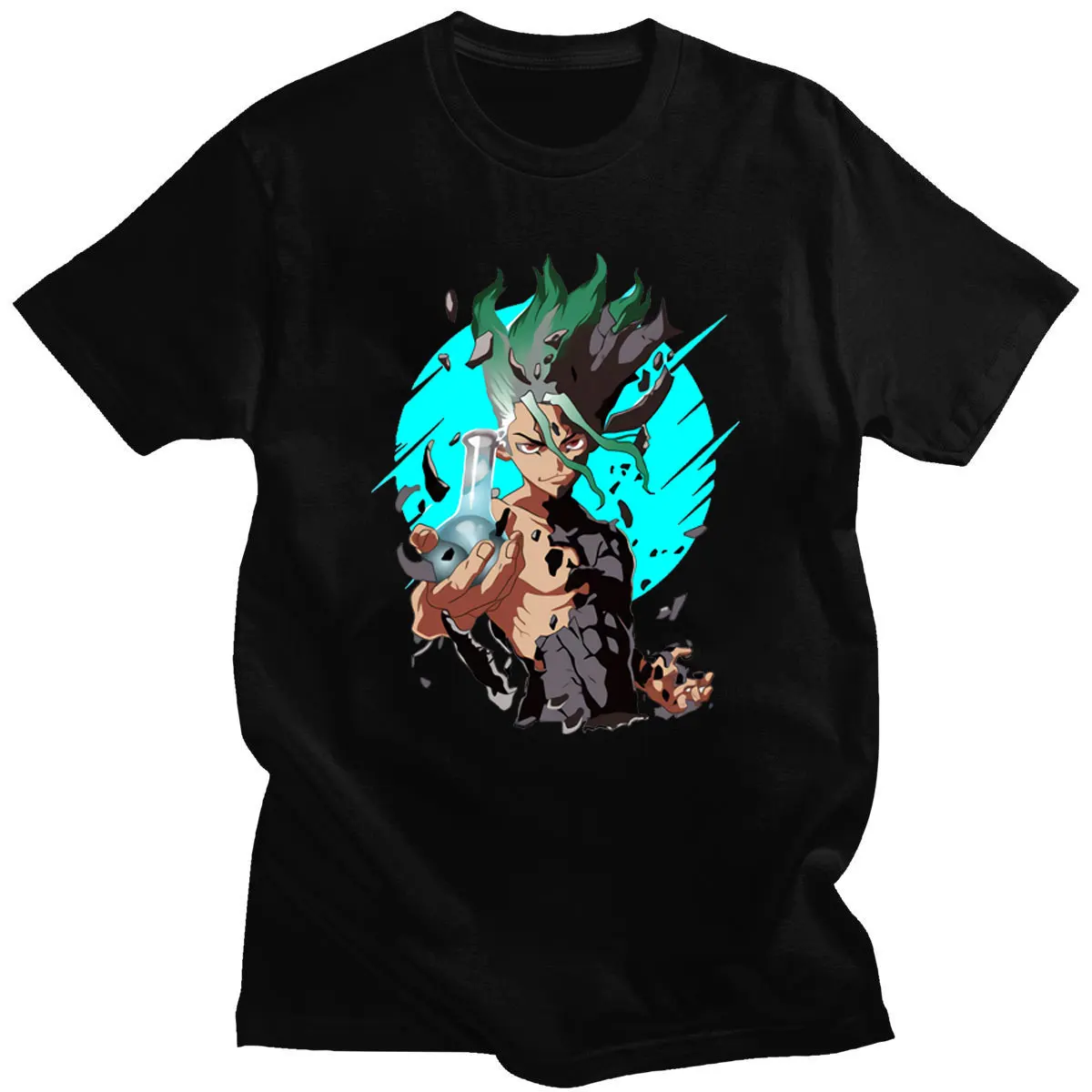 

Mens Dr Stone Ishigami Tsukasa Post Apocalyptic Anime SENKU CHIBI Printed Cotton Funny Short Sleeve T Shirts Fashion Streetwear