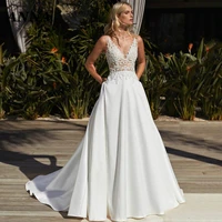 anna beauty wedding dress 2022 bohemia v neck spaghetti satin beach party bridal gown applique vestido de noiva civil girl cloth