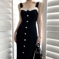 dresses women sleeveless high waist vintage button single breasted slim casual dress for female ladies backless sexy strap dress