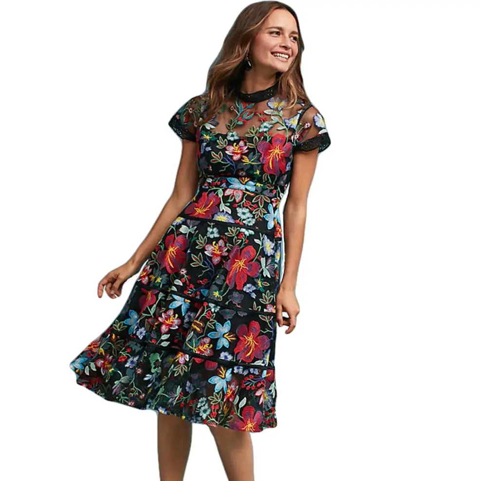 Цветок Вышивка Кружево платье Для женщин 2018 сезон: весна–лето взлетно