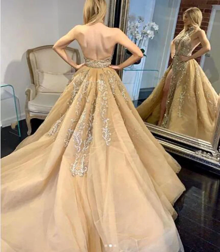 Женское вечернее платье-Русалка со съемным шлейфом золотистое платье с лямкой на