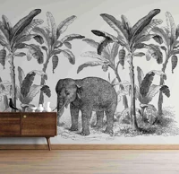loxodonta vintage explorer mural with elephant walking in a tropical banana woods mural wallpaper