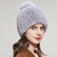15 colors women fur hats real rex rabbit fox fur knitting plush ball beanies caps winter warm elegant princess snow caps