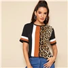 SHEIN Color Block Cut-and-Sew Leopard Panel Top Short Sleeve O-Neck Casual T Shirt Women Summer Leisure Ladies Tshirt Tops
