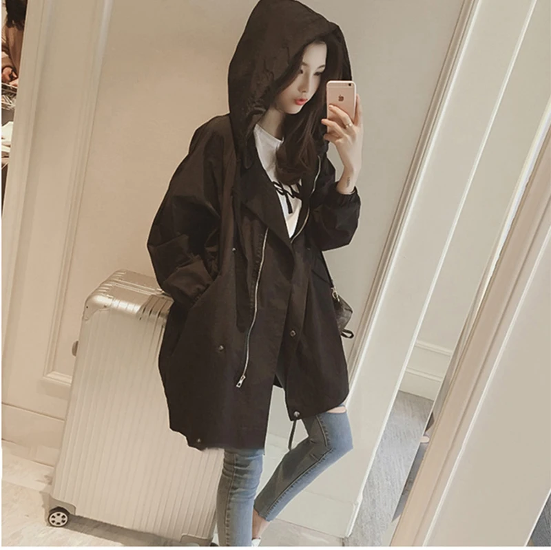 

2019 Hooded Sweatshirt Windbreaker Jacket Zipper Pockets 2019 Autumn Fashion Casual Thin Long Sleeve Female Jacket Coats Outwear