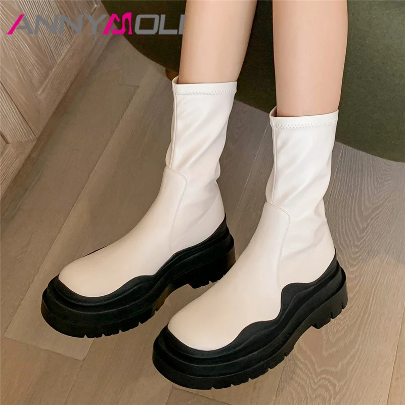 

ANNYMOLI Women Real Leather Sock Boots Flat Platform Shoes Round Toe Mid-Calf Boots Cow Leather Ladies Boots Autumn White 34-39