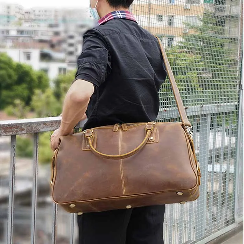 Luufan Vintage Crazy Horse Leather Men Travel Bag Brown Genuine Leather Travel Duffel Durable Cow Leather Boston Man Weekend Bag