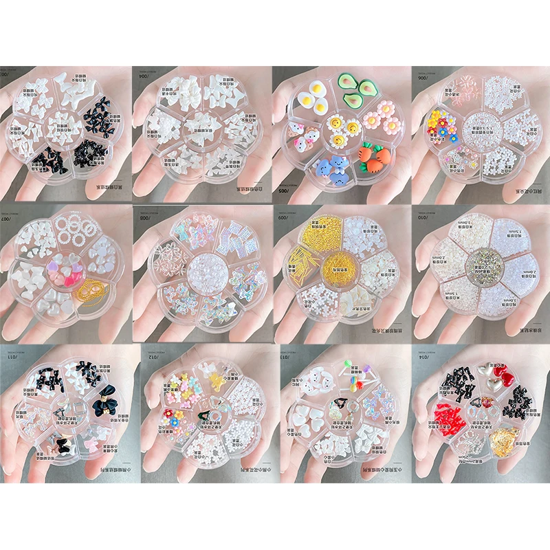 

14Pcs/Set Aurora Bear Skirt Fingertip Bow Black And White Bowicing Peach Heart Mixed Box Nail Art Design Rhinestones Decoration@