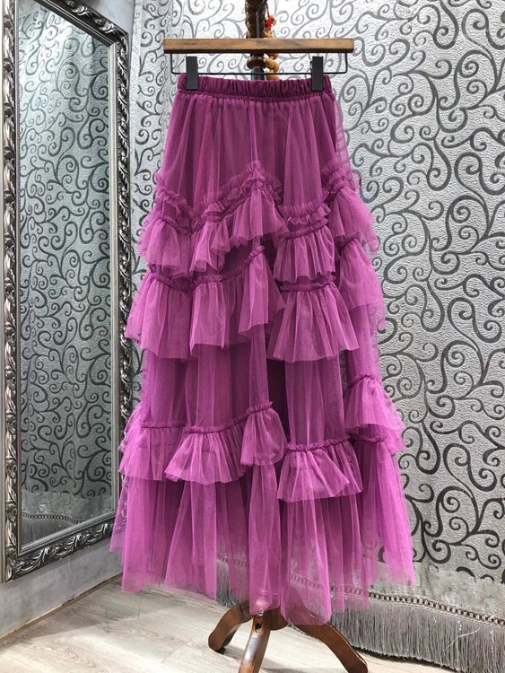 

2021 spring new women's fashion elastic waist layer by layer flounce stitching mesh medium length skirt 304