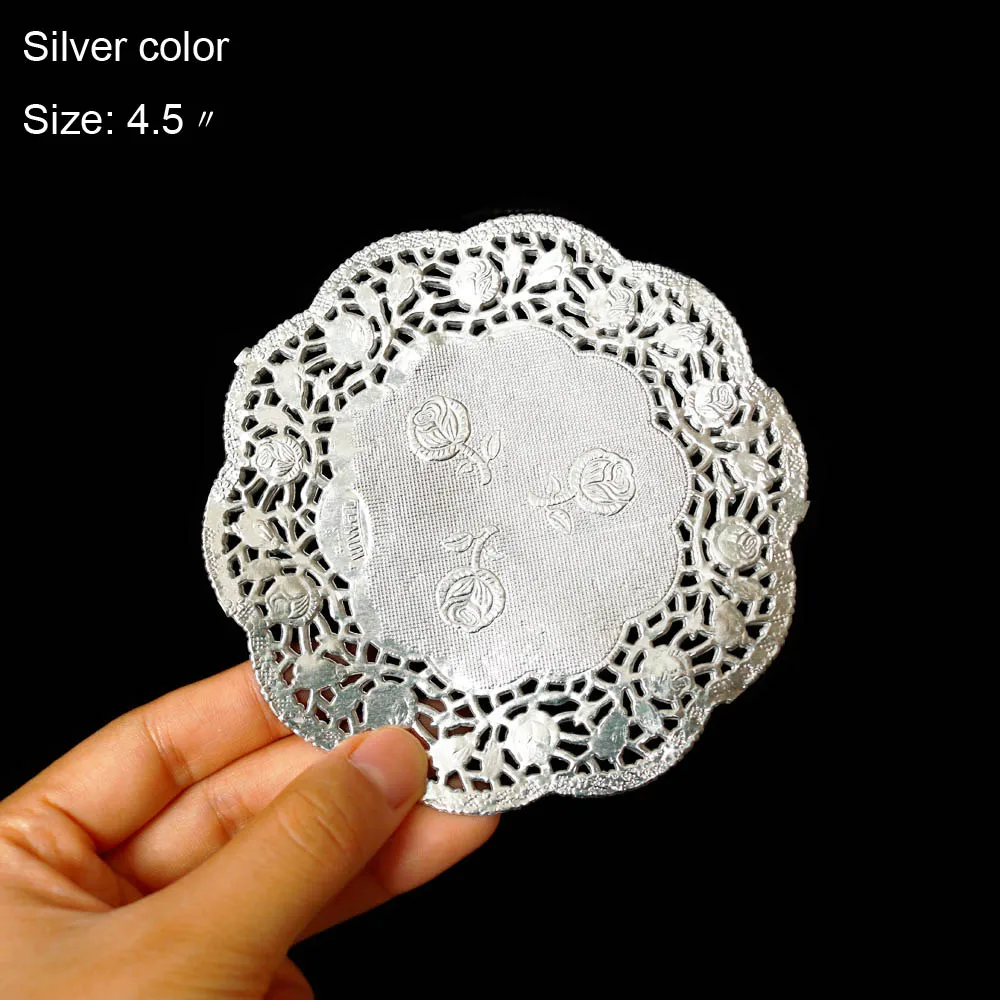 Silver 4.5inch 50 шт. круглые кружевные серебристые золотые бумажные салфетки 3,5/4,5/5,5 дюймов Бумажные винтажные подставки под стол коврики для свадебного украшения - Цвет: Silver 4.5inch