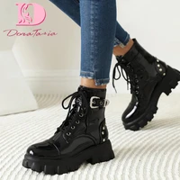 doratasia new arrival brand new ladies platform cross tied round toe boots chunky heels lace up solid ankle boots women