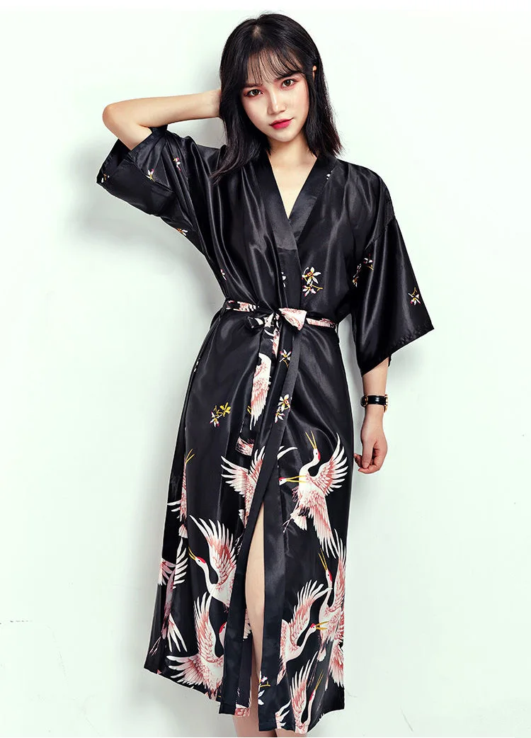 long robe 3 Большие размеры 3XL свадебное платье подружки невесты женские атласные шарфы кимоно банное платье сексуальное длинное платье с цветочным принтом - Цвет: long robe 3
