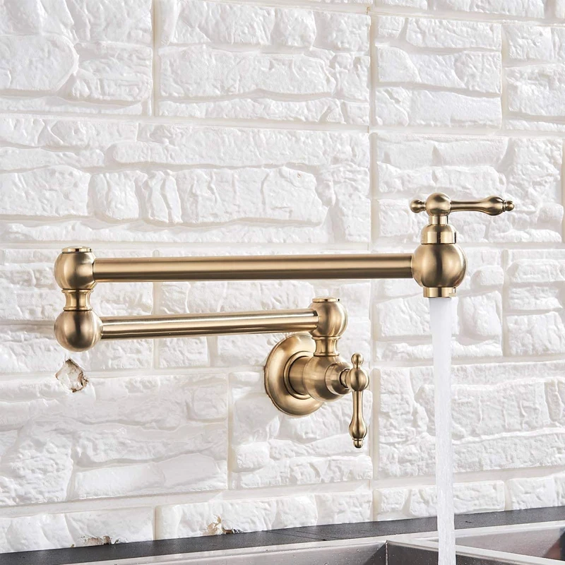 

Pot Filler Tap Brass Wall Mounted Foldable Brushed Gold Rotated Kitchen Faucet Single Cold Single Hole Sink Tap Folding Spout