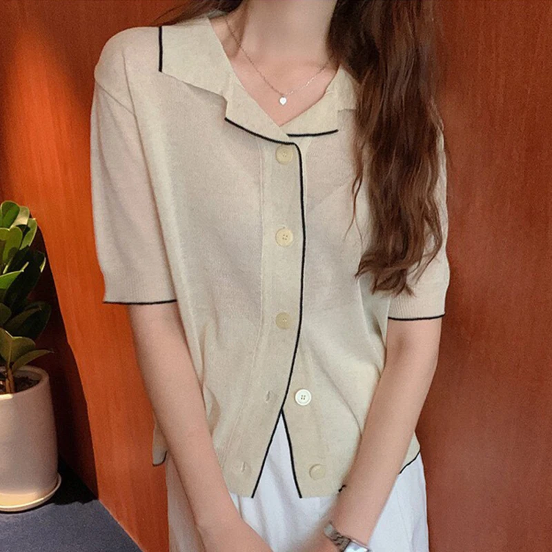 

Korean Chic Summer Niche Wild Lapel Hit Color Single-Breasted Casual Thin Section Micro-Transparent Skin-Friendly Sweater Top