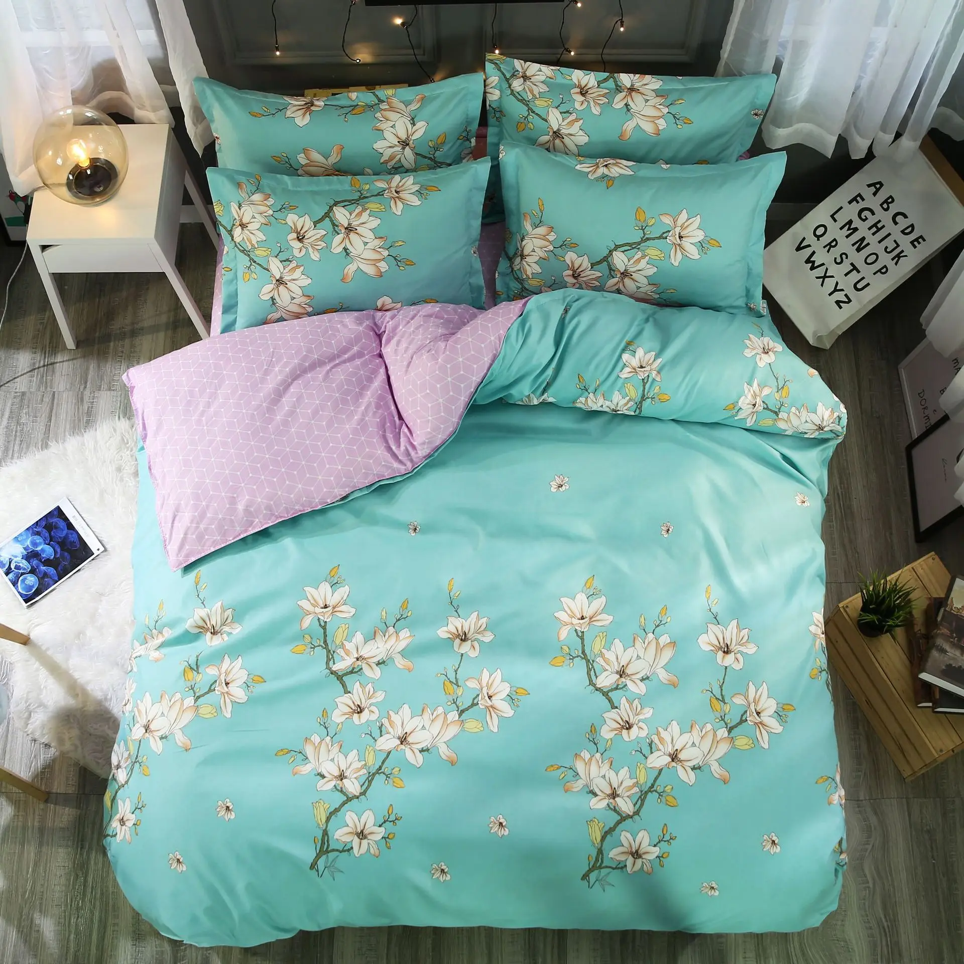 Denisroom элегантный цветок пододеяльник наборы зеленый розовый постельное белье