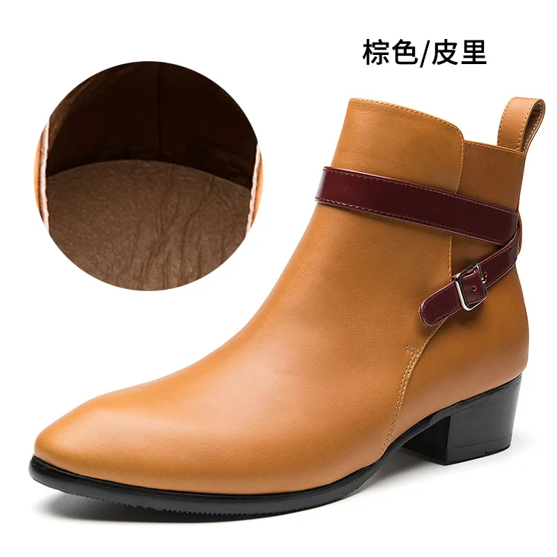 

Top leather short boots plush men's boots large autumn and winter men's Chesil boots leather boots British high-top men's shoes