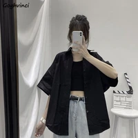 blouses shirts three quarter sleeve women summer solid ulzzang black outwear tops all match ins retro womens fashion students