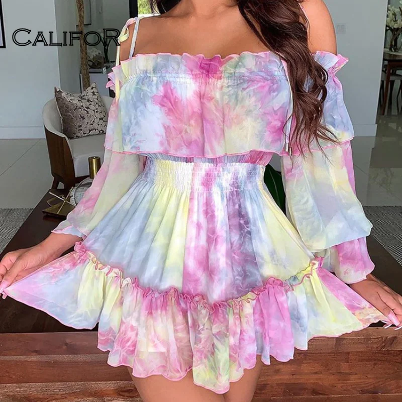 

Off-shoulder Ruffle Bubble Sleeve Sundress Tie-dye Slash Neck Chiffon Dress 2021 Women's Summer Elastic High Waist Mini Dresses