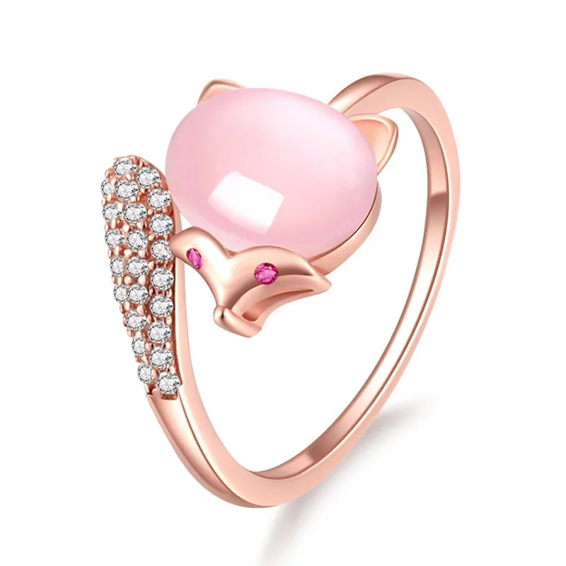 

Fashion Rose Gold Ring Pink Crystal Small Fox Female Hibiscus Personality Tide Opening Can Adjust The Index Finger Ring Jewelry